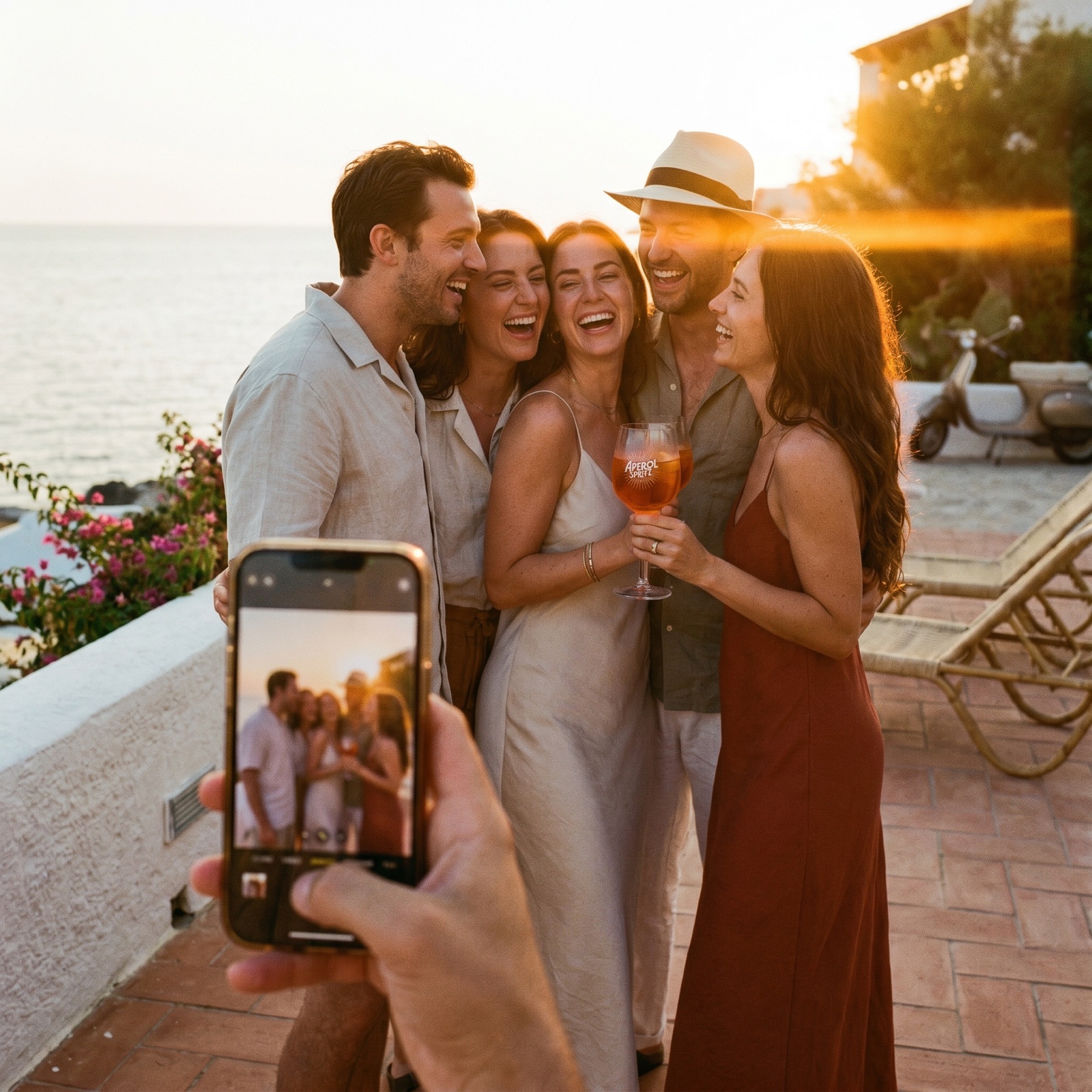 Friends at a beach club at sunset, one capturing the group on a phone