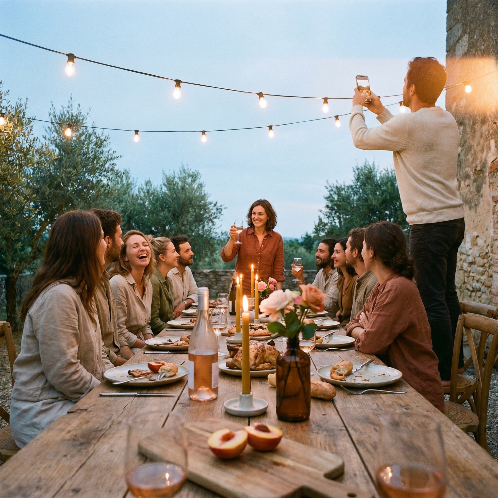 Garden dinner party at dusk under bistro lights, a friend on a chair photographing the long table