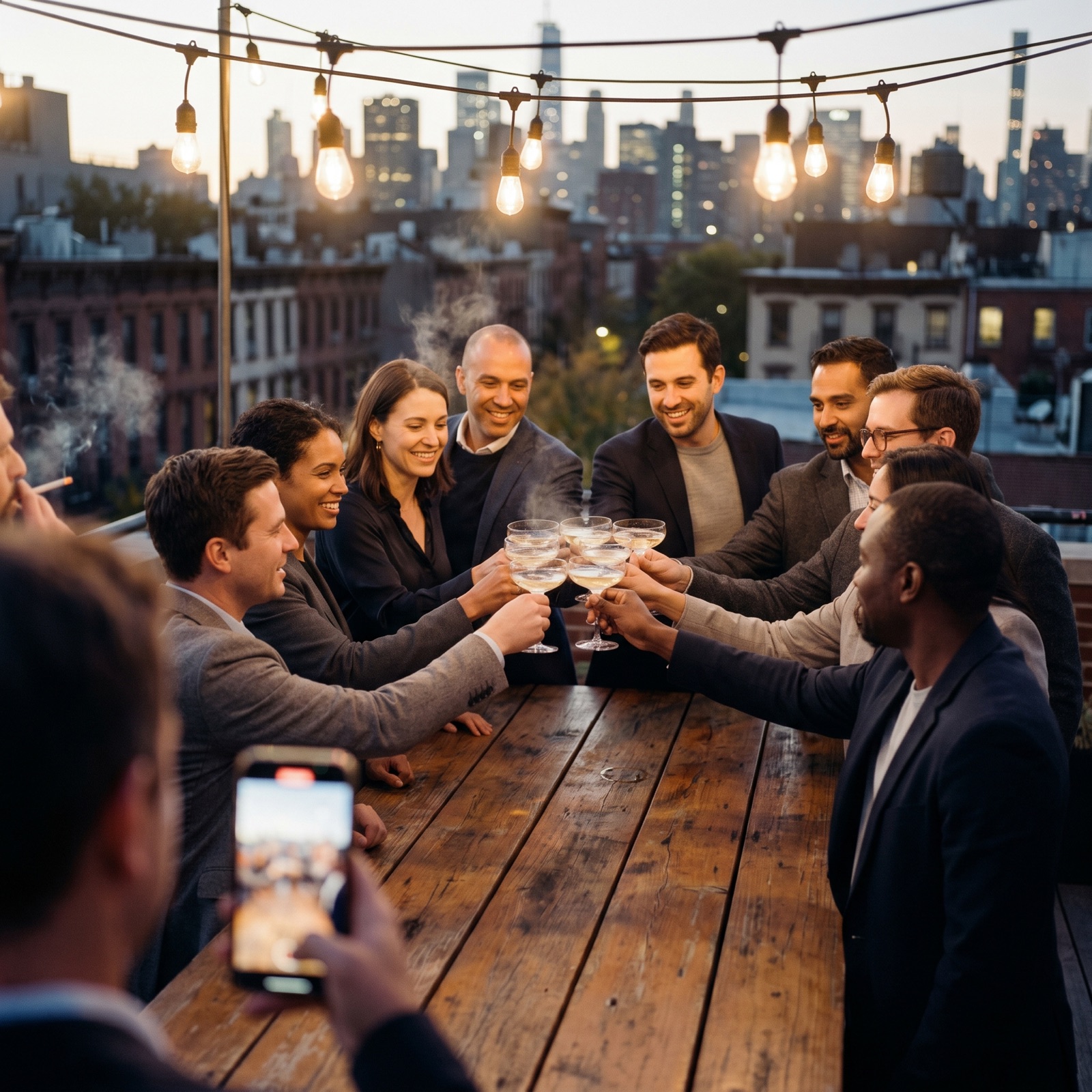Colleagues toasting at a rooftop work event with the skyline behind